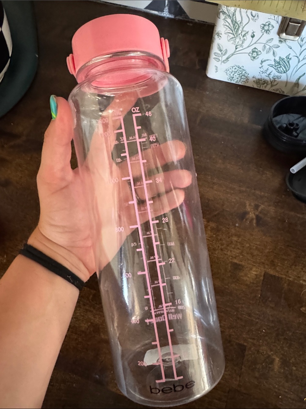 bebe Clear Water Bottle with Pink Lid and Accents